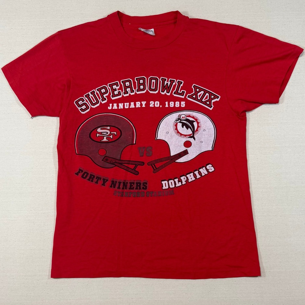 Vintage 1985 Super Bowl XIX T-Shirt Hanes 49ers vs Dolphins Red Mens Medium 80s